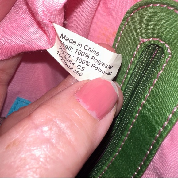 The SAK Belinda Satchel Kelly Green Knit Bag Pink Trim Canvas Straps Buckles - Picture 8 of 12